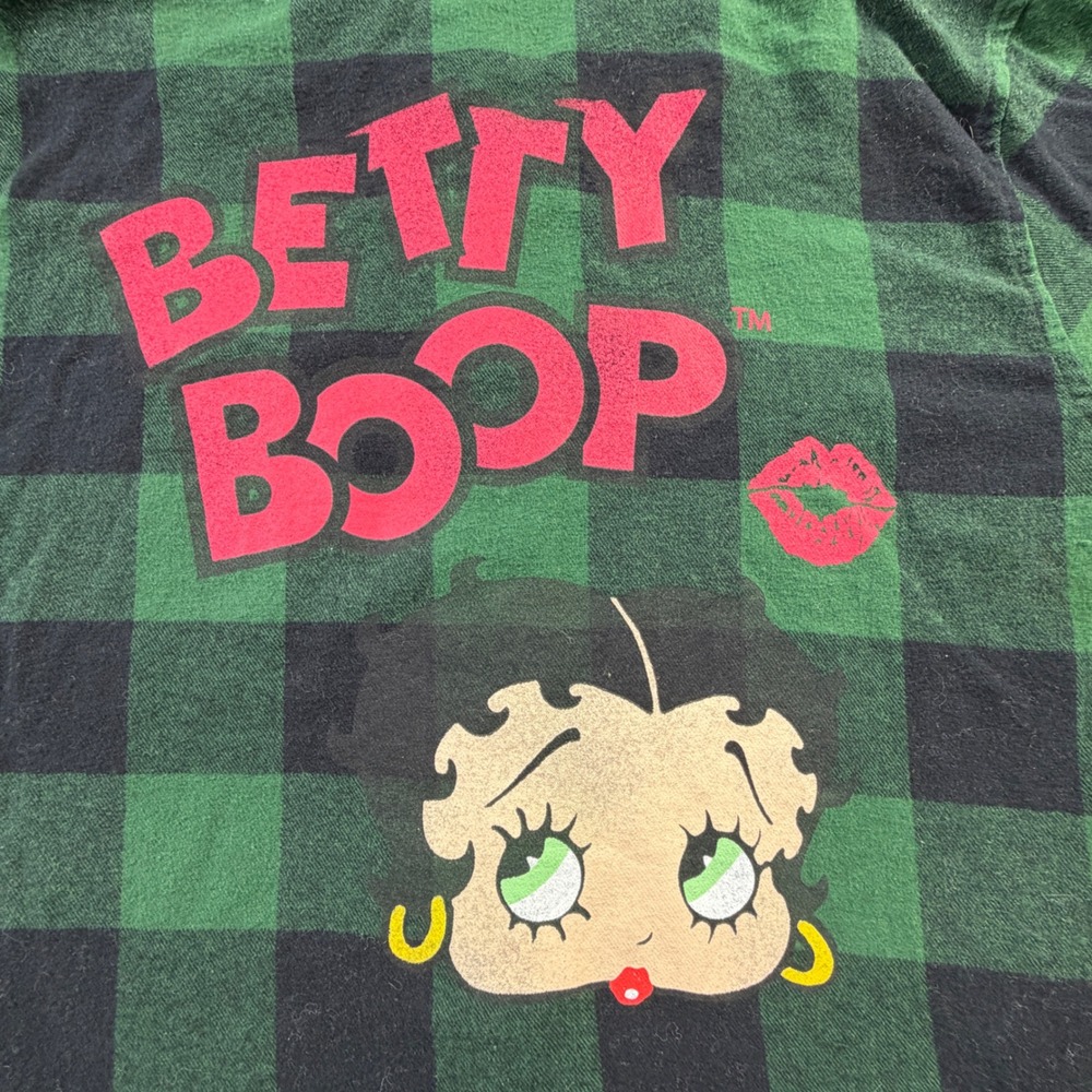 Betty Boop Flannel Shirt Green Black Buffalo Plaid  Graphic Button Down Small